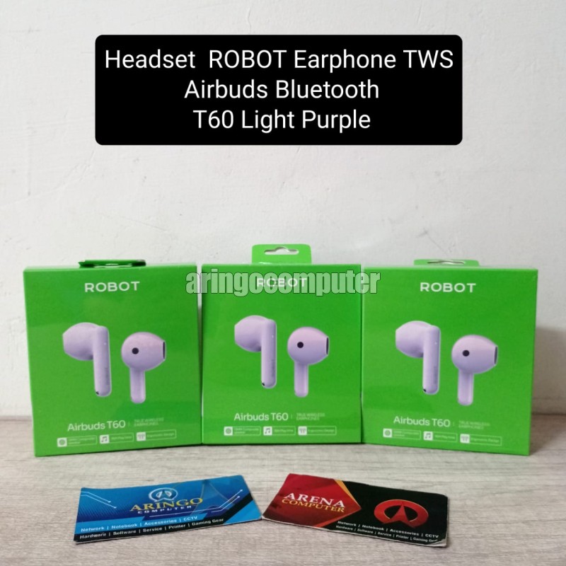 Headset ROBOT Earphone TWS Airbuds Bluetooth T60 Light Purple